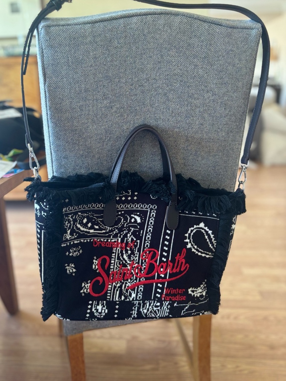 EUC MC2 SAINT BARTH Black Knit Bandana Tote Bag with Red Logo Brown handles